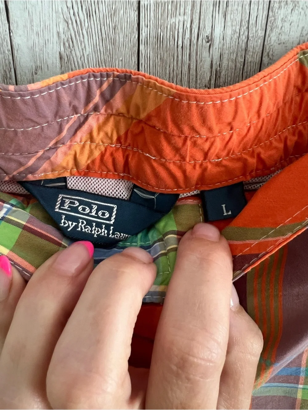 Polo by Ralph Lauren Orange Plaid Swim Shorts with Multicolor Stripes Large